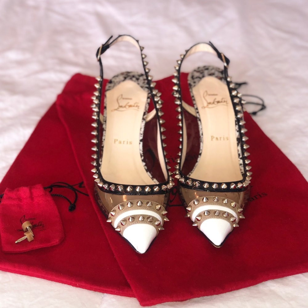 Christian Louboutin Clear Spike Manovra Slingback Heels - SZ 38.5